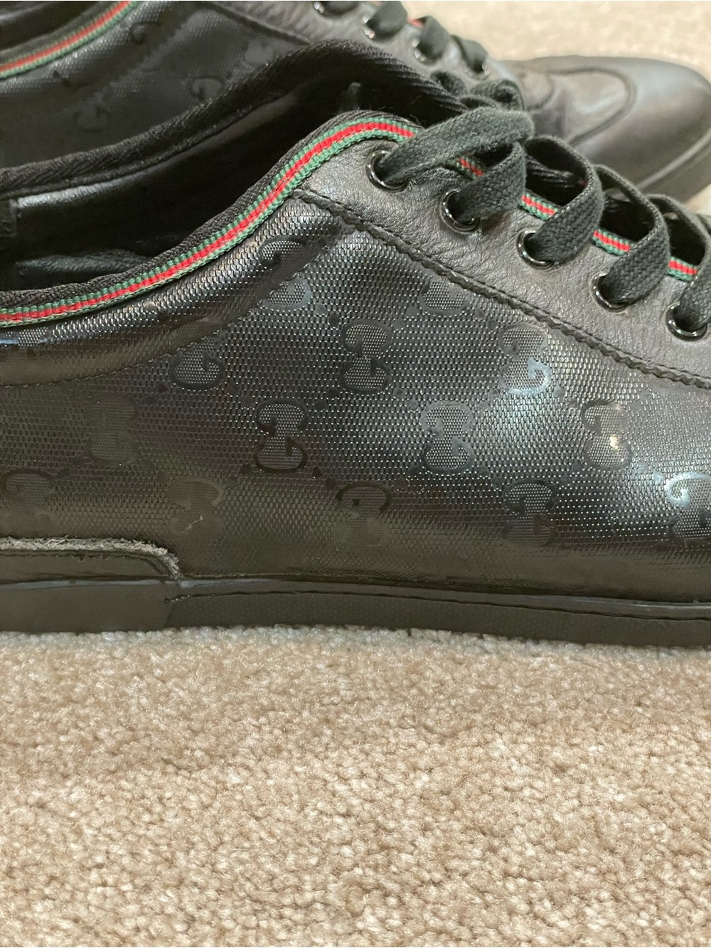 Gucci Black Low-Top GG Canvas & Leather Sneakers with Web Trim - Picture 6 of 8